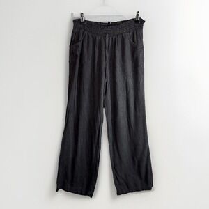 Vintage Wide Leg Pants L Linen Rayon Black Smocked Waist Pockets Minimalist Soft